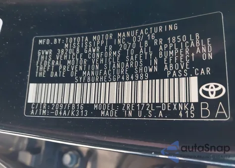 2016 Toyota Corolla Le from USA, damaged, VIN 5YFBURHE5GP484989